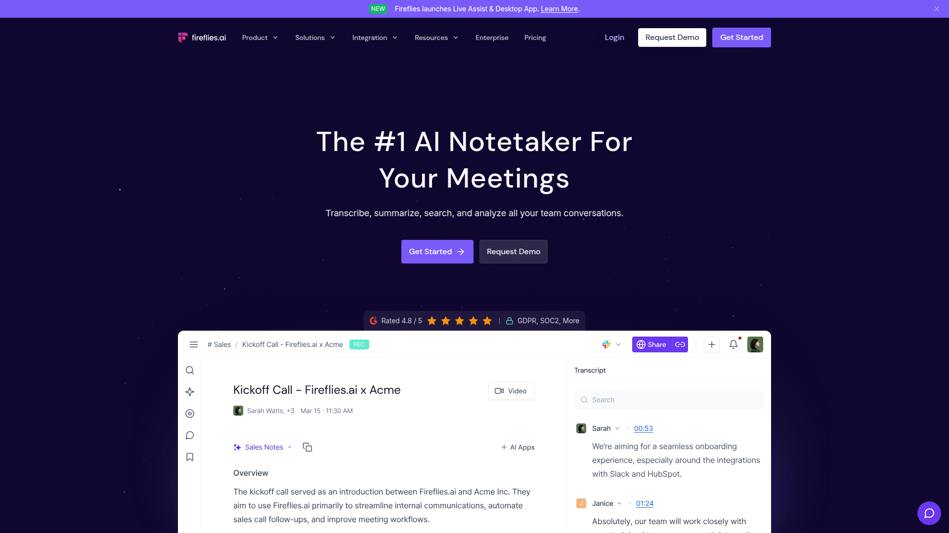 Fireflies.ai homepage — AI meeting notetaker and transcription tool