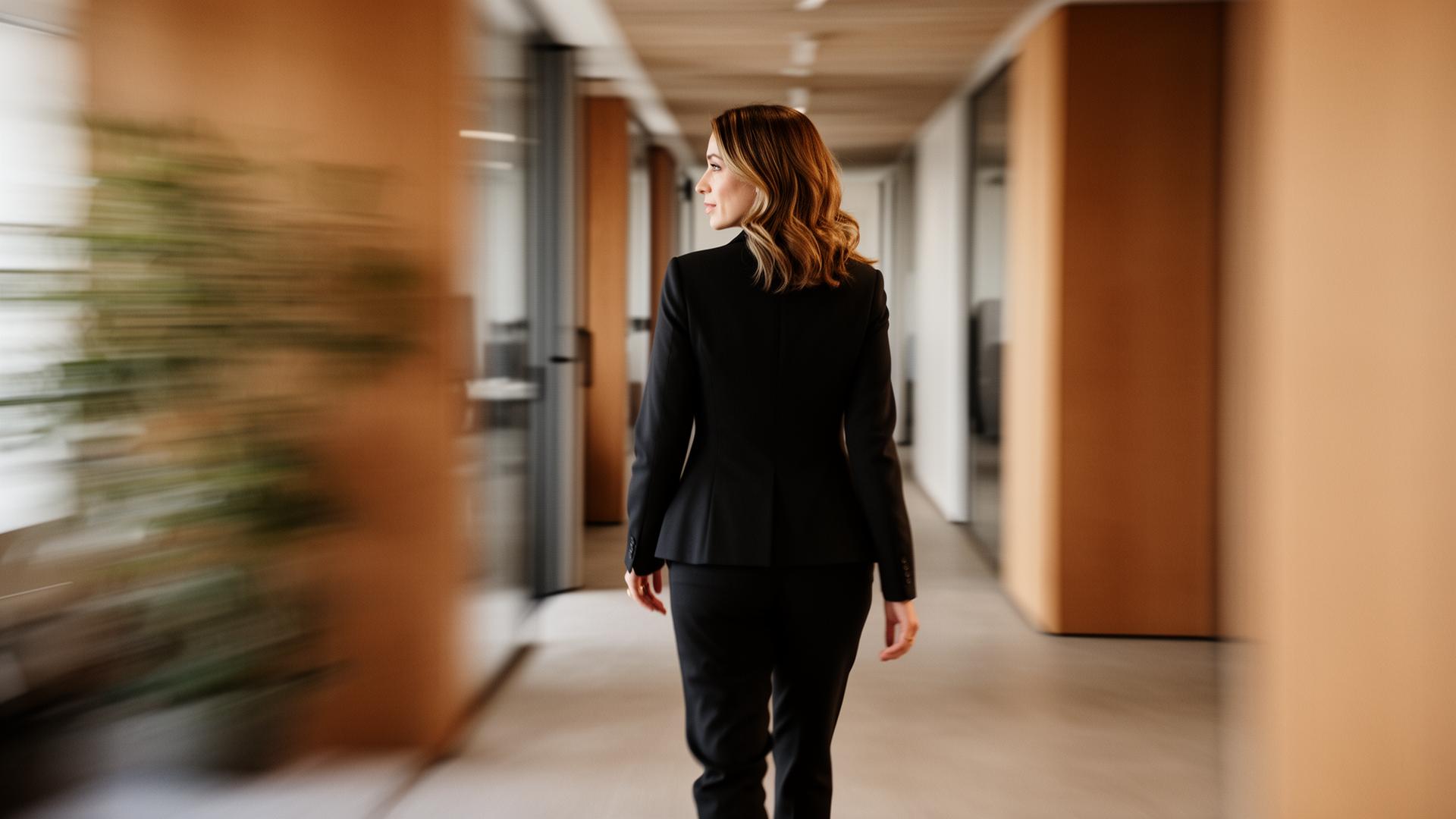 Executive moving purposefully through a modern office, representing decisive brand leadership